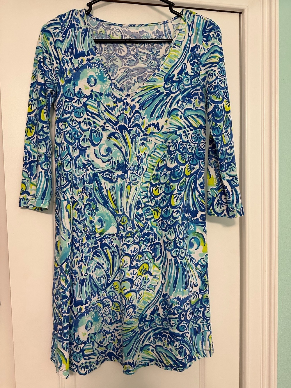 Lilly Pulitzer Erin V-Neck Dress Blue Crush After Party Sz XS Pima Cotton Beach